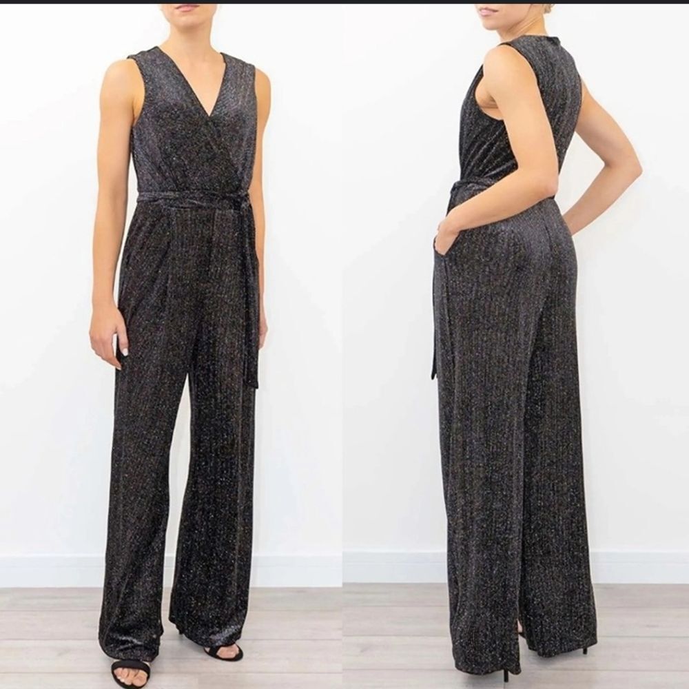 Anthro Greylin belted shimmer sparkly Jumpsuit w pockets sz S sleeveless black